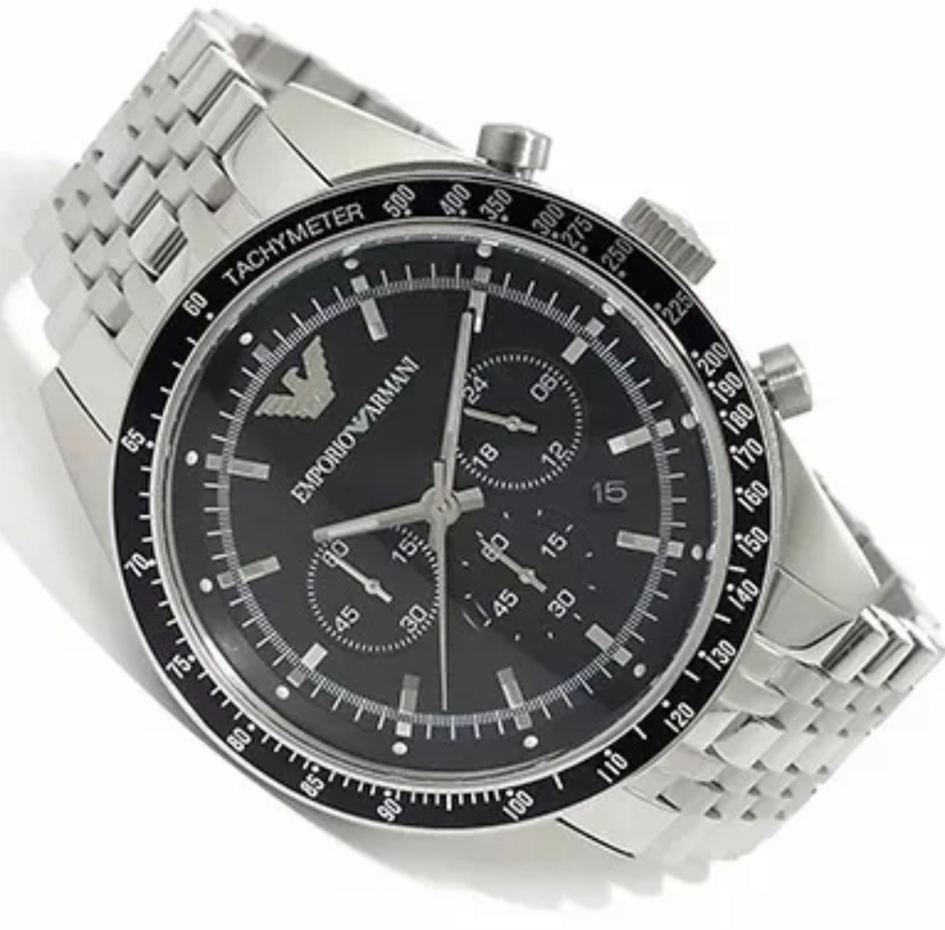 Emporio Armani AR5988 Men's Tazio Black Dial Silver Bracelet Chronograph Watch     Emporio Armani Is - Image 5 of 10