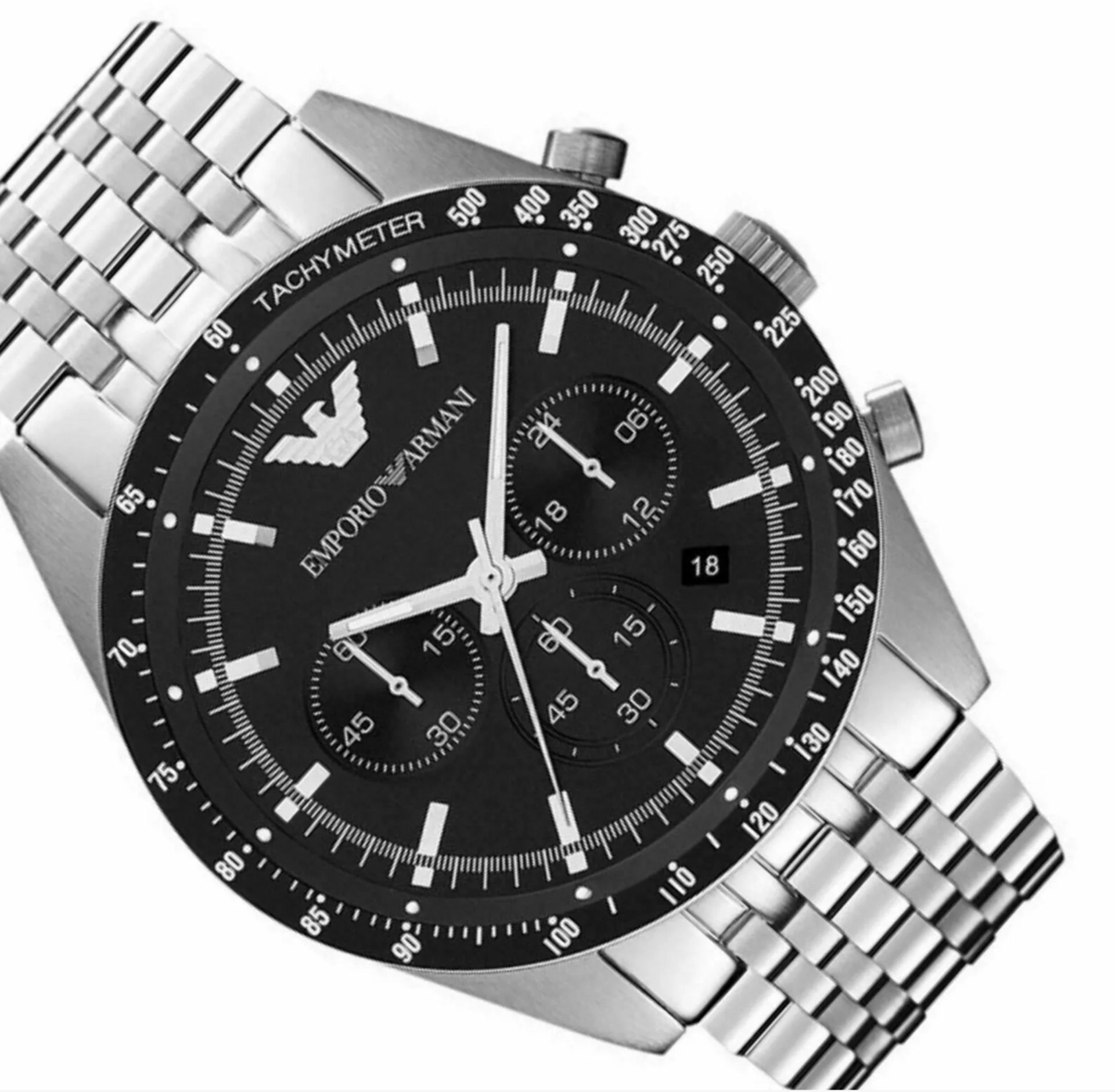 Emporio Armani AR5988 Men's Tazio Black Dial Silver Bracelet Chronograph Watch     Emporio Armani Is - Image 9 of 10