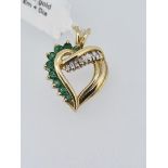 10ct yellow gold emerld and diamond heart pendant