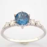 HRD Antwerp Certified 14K White Gold Diamond & London Blue Topaz Ring (Total 1.04 Ct. Stone) 14K