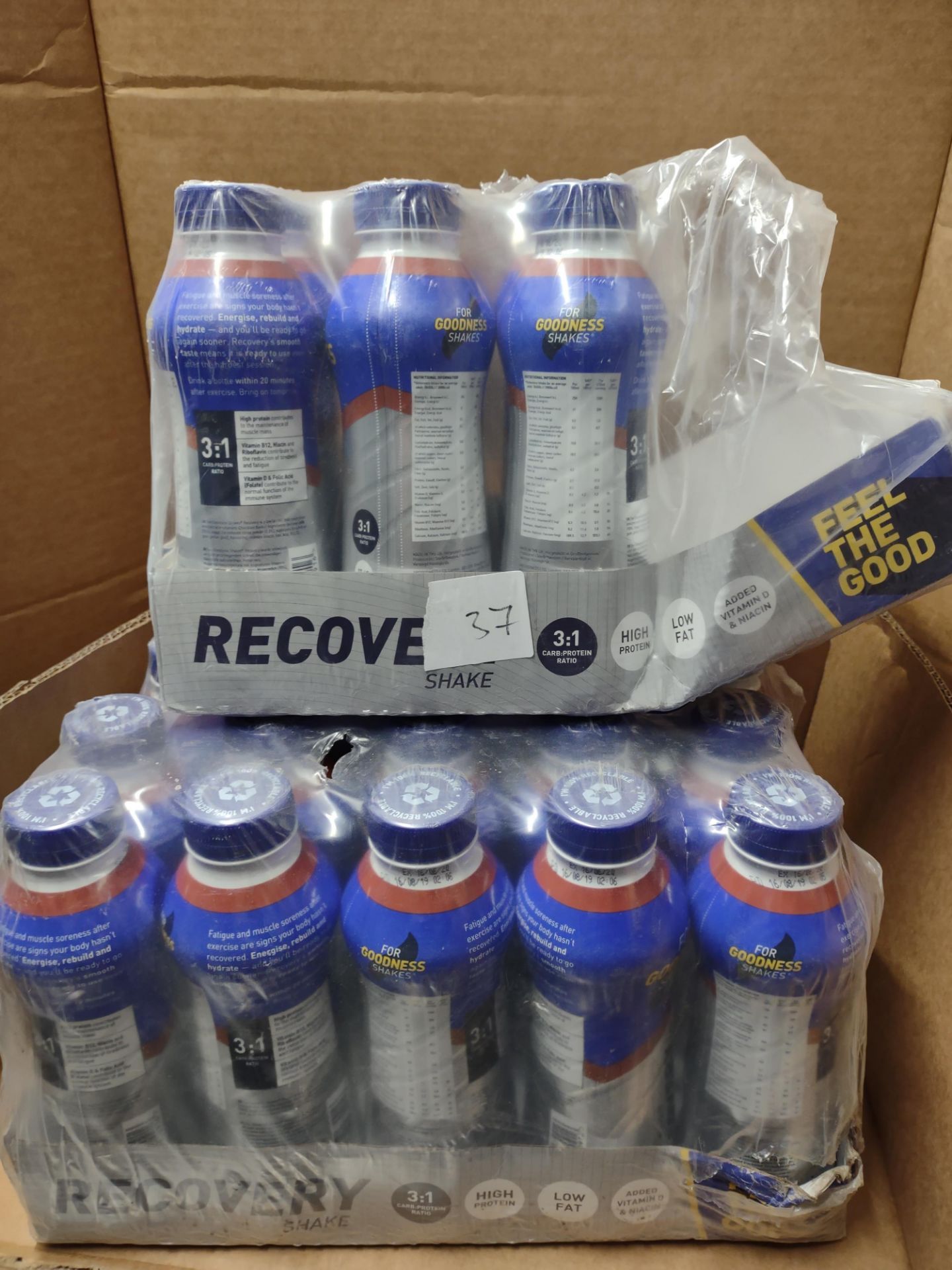 Approx 26 bottles of feel the good recovery protein shakes BBE 16/06/20 RRP £26 Grade U