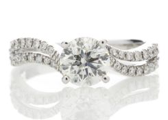 18k White Gold Solitaire Diamond Ring With Two Rows Shoulder Set 1.31 Carats