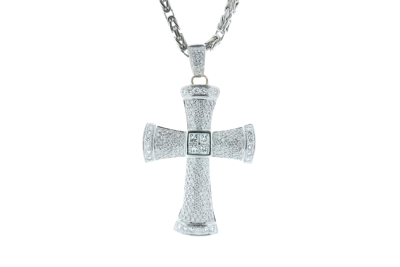 18k White Gold Diamond Cross Pendant and Chain 5.12 Carats Carats