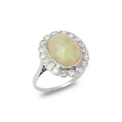 Unbranded 18ct White Gold Opal and Diamond Vintage Cluster Ring