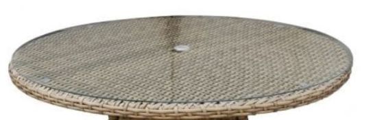 (R9H) 8x Round Rattan Effect Table Top (No Legs On All Units). Diameter 140cm. 4X With Toughened G