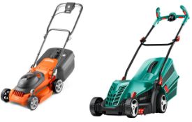 (R4JK) 2 Items. 1x Flymo Easistore 340R Corded Lawn Mower. 1x Bosch Rotak 37 14 Ergo Corded Lawnmow