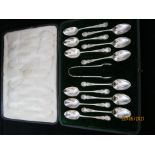 Antique Cased Set Of Twelve Sterling Silver Teaspoons & pair Of sugar nips 1901.