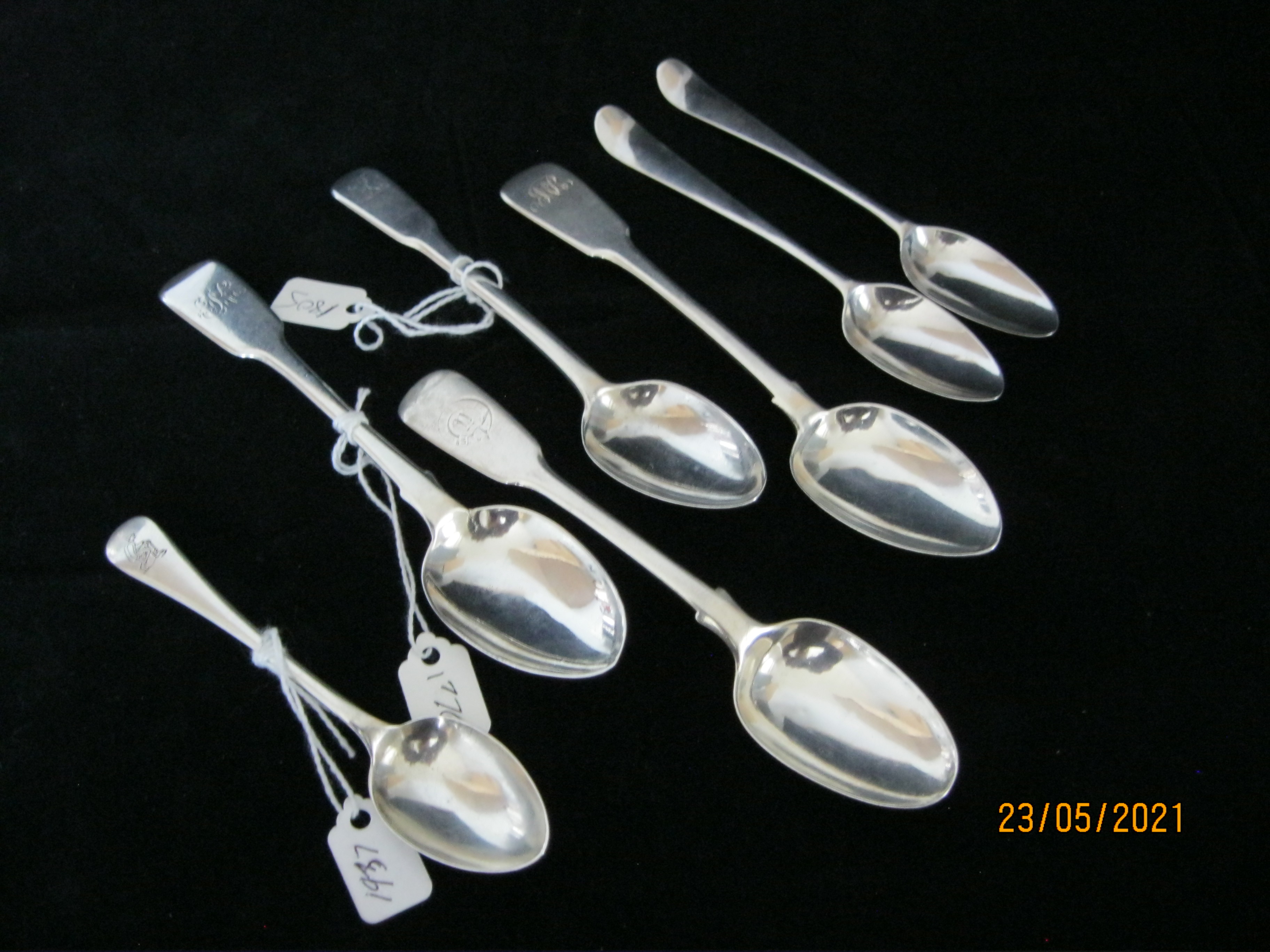 Group Of Seven Sterling Silver Antique Teaspoons Georgian & Victorian