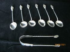 Antique Set Of Six Silver Apostle Spoons & Sugar Nips 1902 Birmingham