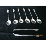 Antique Set Of Six Silver Apostle Spoons & Sugar Nips 1902 Birmingham