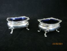 Pair Of Antique Sterling Silver Salt Cauldron With Linings Chester 1909