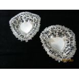 Pair Of Antique Victorian Pierced Sterling Silver Dishes Of heart shape form 1890