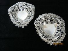 Pair Of Antique Victorian Pierced Sterling Silver Dishes Of heart shape form 1890