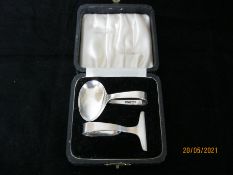 Vintage Sterling Silver Christening Spoon & Pusher Set In Case