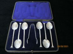 Vintage Case Set Of Six silver Tea Spoons & Nips 1921