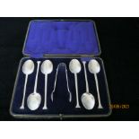 Vintage Case Set Of Six silver Tea Spoons & Nips 1921
