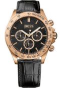 Hugo Boss 1513179 Men's Ikon Rose Gold Bezel Black Leather Strap Chronograph Watch  Model: HB