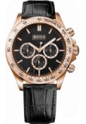 Hugo Boss 1513179 Men's Ikon Rose Gold Bezel Black Leather Strap Chronograph Watch