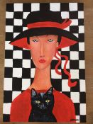 Pop Art Painting signed Oliver Emmerson, chequerboard, the lady with the cat