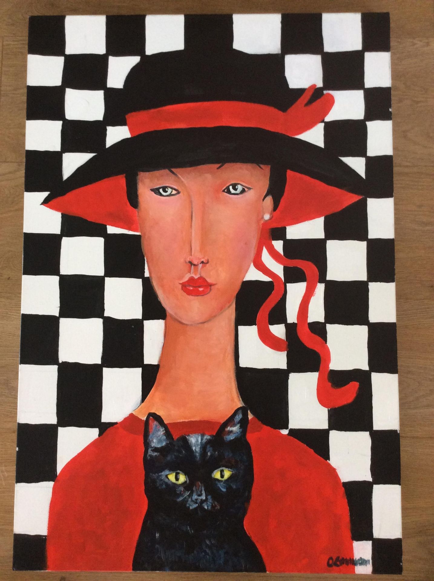 Pop Art Painting signed Oliver Emmerson, chequerboard, the lady with the cat