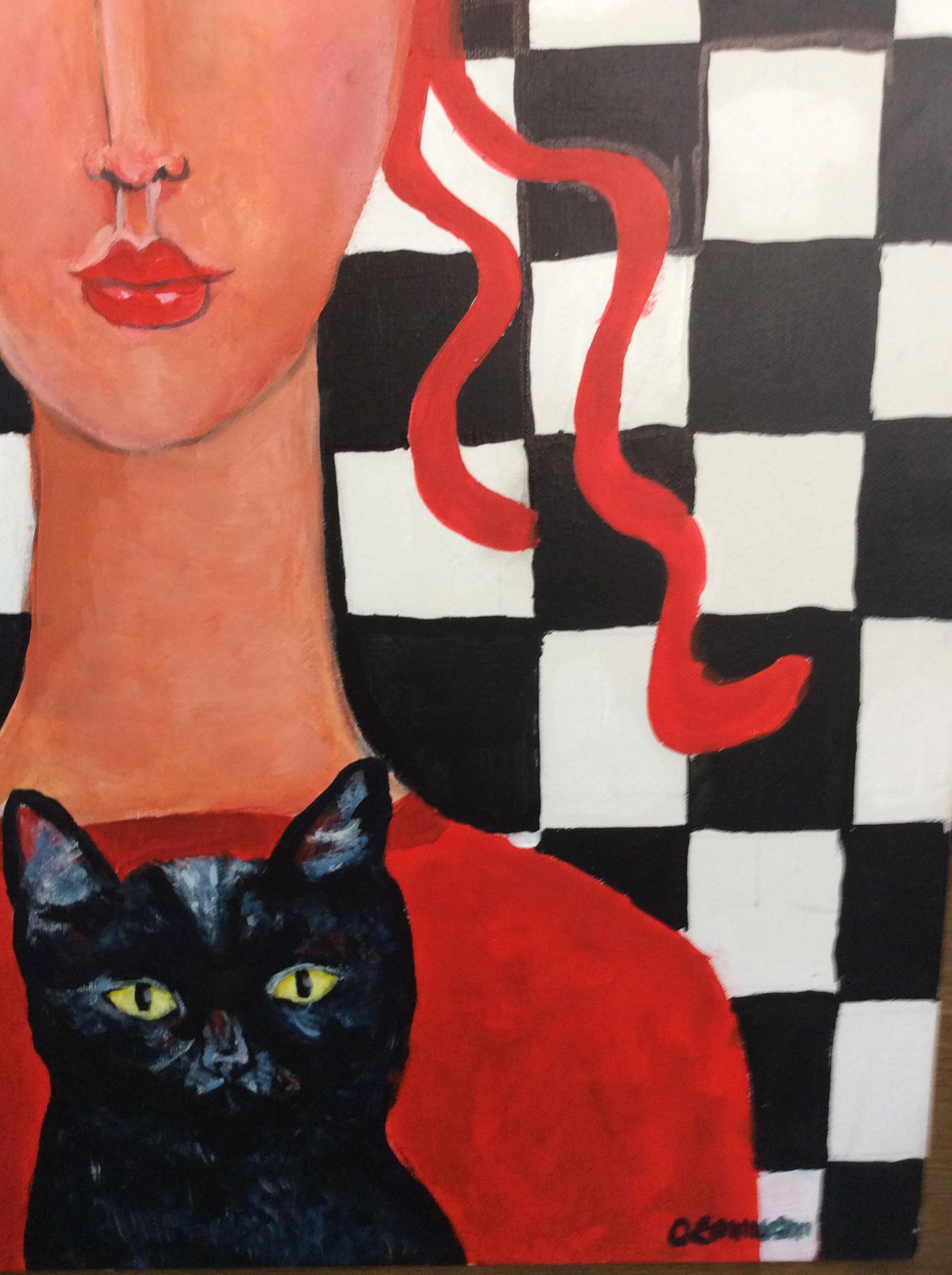 Pop Art Painting signed Oliver Emmerson, chequerboard, the lady with the cat - Image 3 of 7