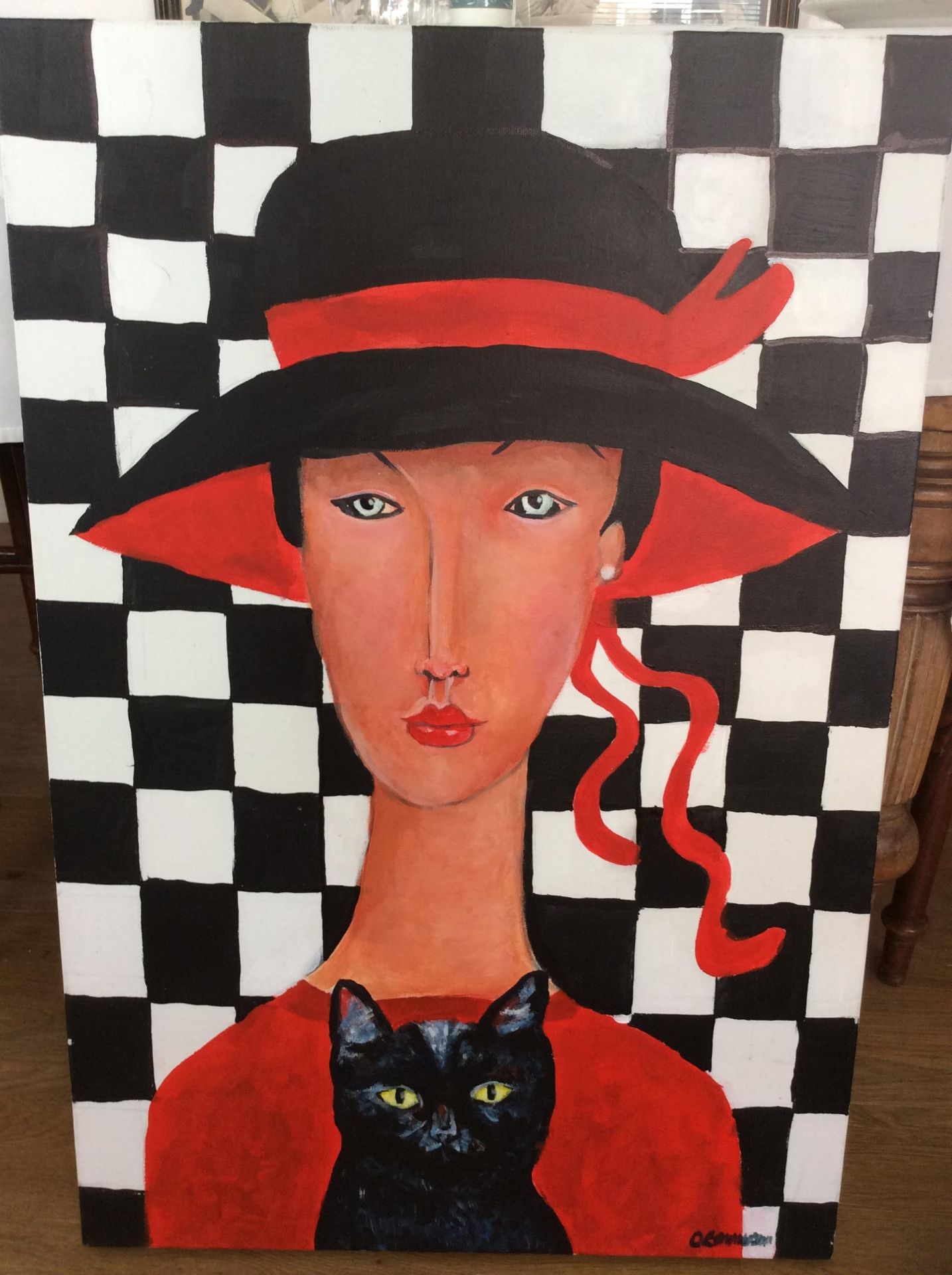Pop Art Painting signed Oliver Emmerson, chequerboard, the lady with the cat - Image 5 of 7