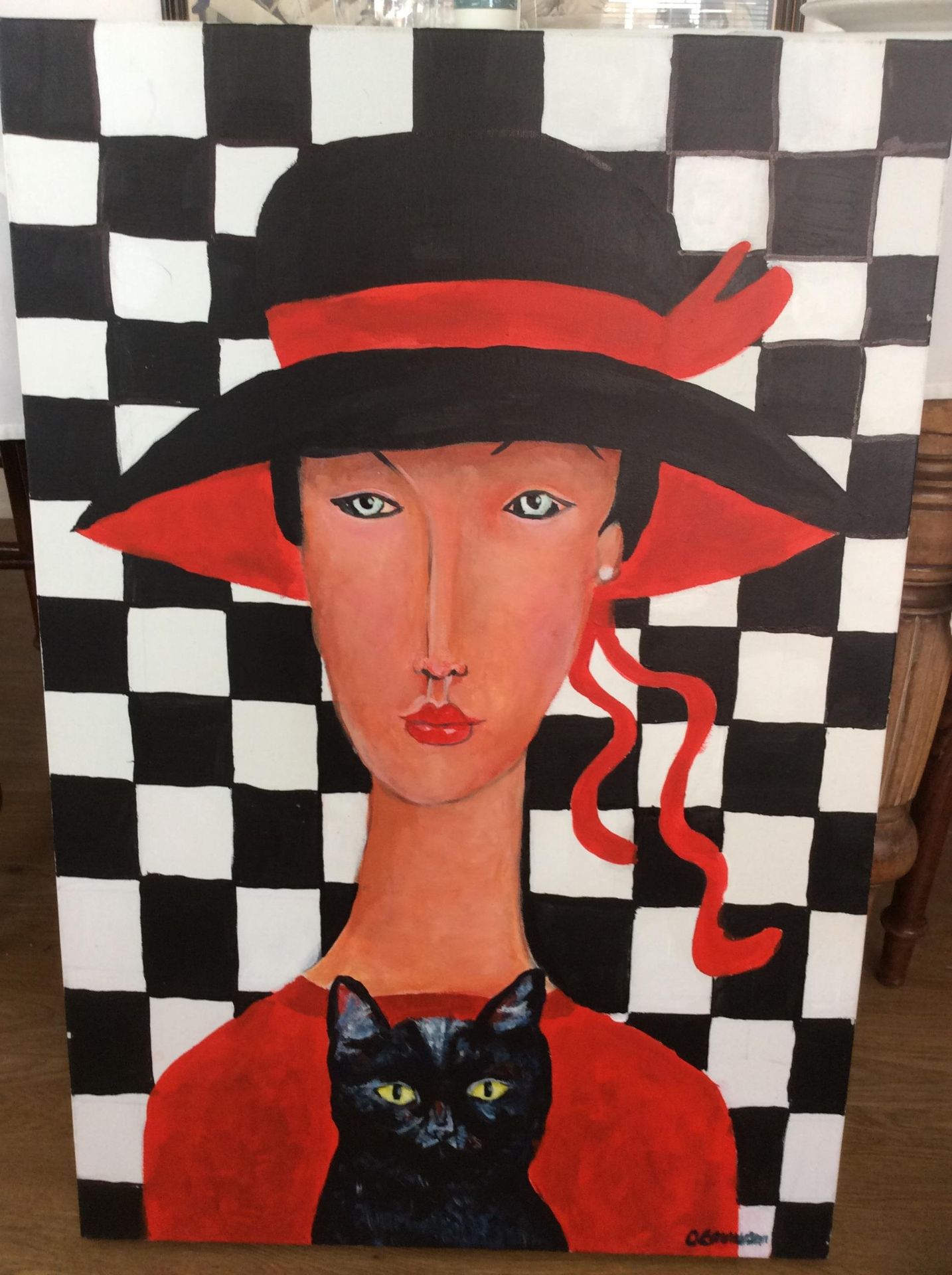 Pop Art Painting signed Oliver Emmerson, chequerboard, the lady with the cat - Image 4 of 7
