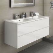 New & Boxed 1200mm Trevia High Gloss White Double Basin Cabinet - Wall Hung. Comes Complete ...