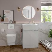 New (Q10) Morina 615mm 2 Door Floor Standing Vanity Unit & Basin - White Gloss. Soft Close Hin...