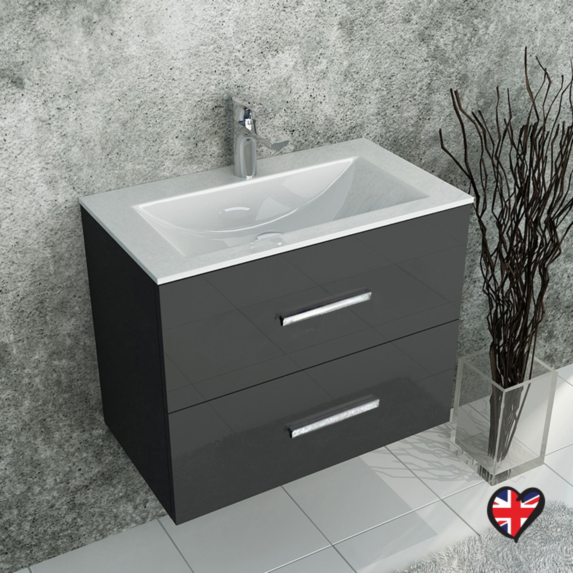 New (S33) 600 mm Anthracite Gloss Grey Wall Hung Unit 2 Drawers. RRP £330.00. Modern Design A...