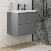 New (S129) Perla 600 mm 2 Drawer Wall Hung Vanity Unit - Matt Grey. Push To Open Drawers. 18 mm...