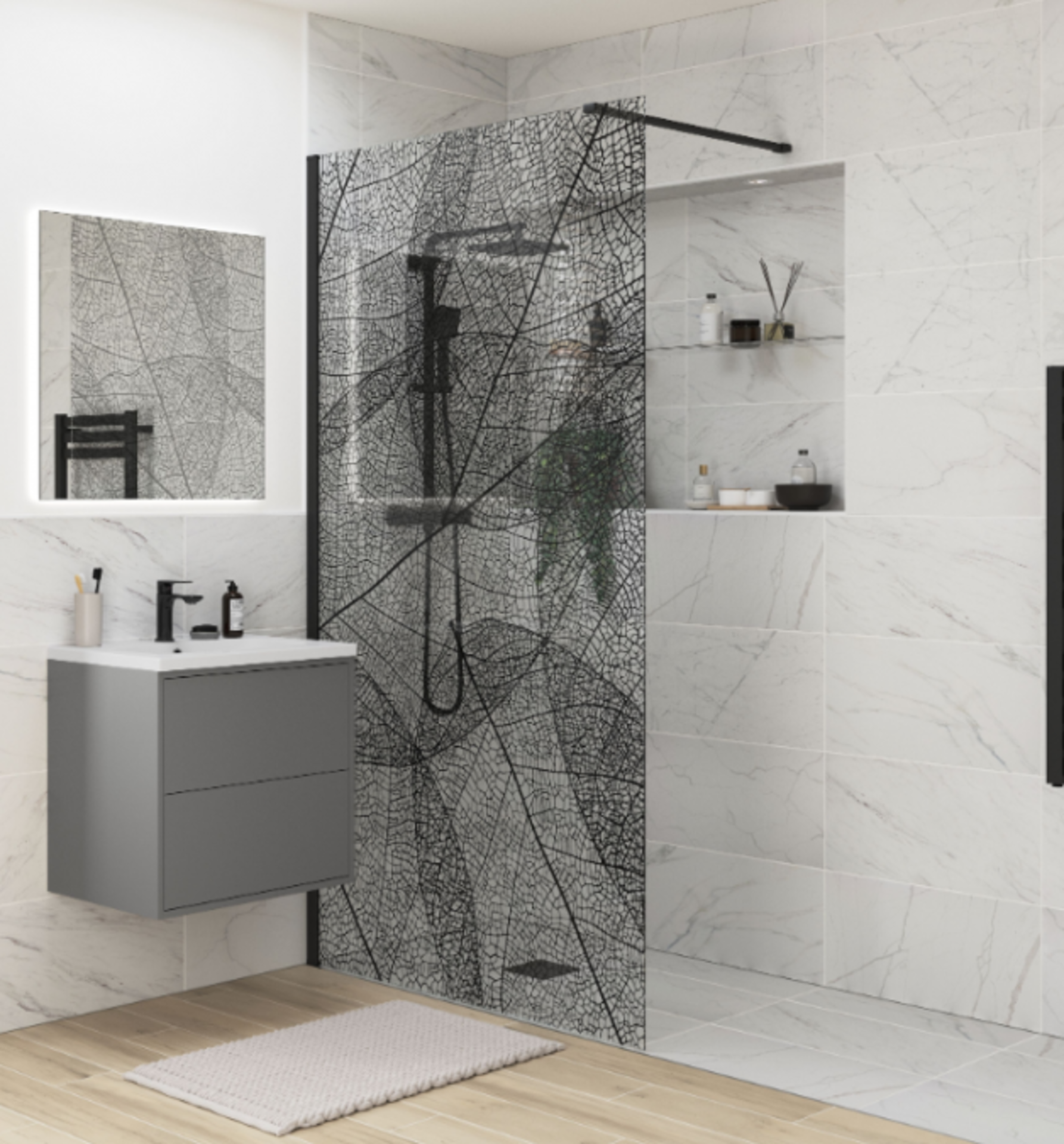 New (T17) Black Leaf Wetroom Glass Panel - 1200mm. RRP £775.99. Make A Real Style Statement W...