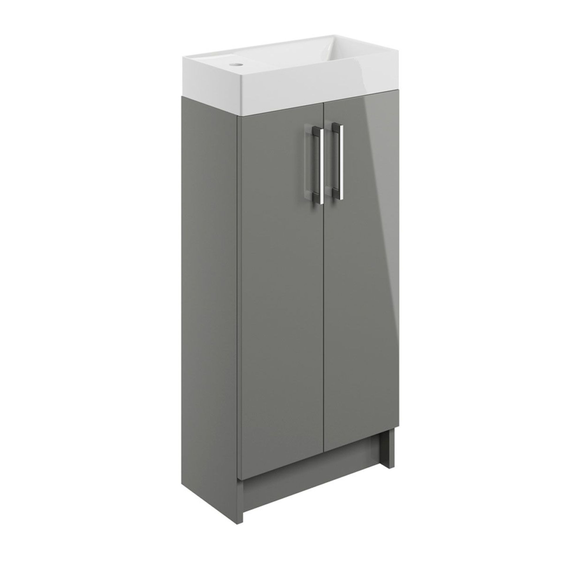 New (T14) Volta Grey Gloss Vanity Unit 400mm. RRP £225.00. Comes Complete With Basin. This Sop...