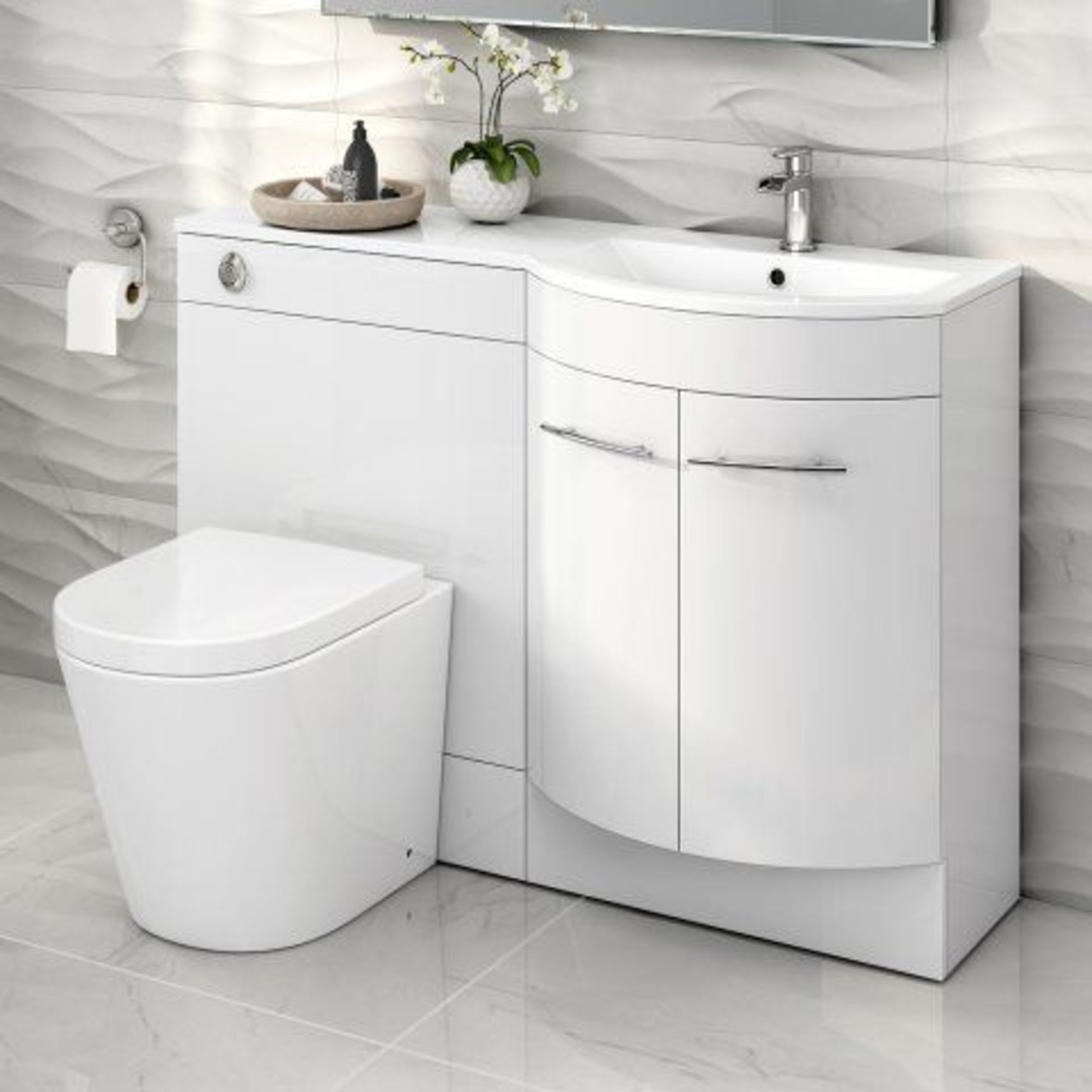 New 1200mm Alexis White Gloss Right Hand Vanity Unit. Lyon Back To Wall Pan. RRP £543.99. ...