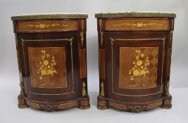 Pair of Marble Topped Inlaid French Corner Cabinets