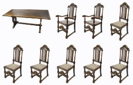 Heavy Oak Refectory Table & 8 Carved Oak Dining Chairs