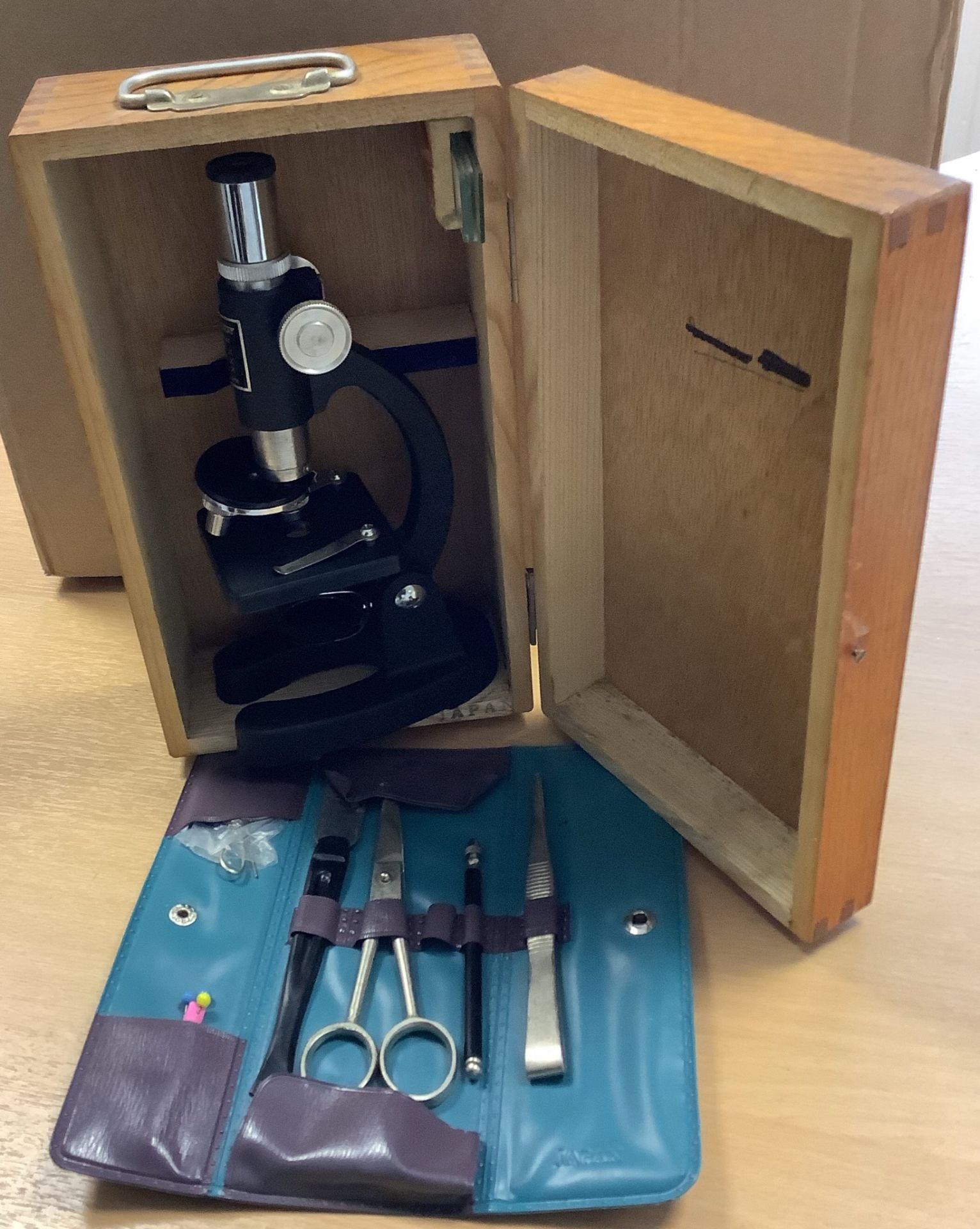 Vintage Microscope With Slides & Tools