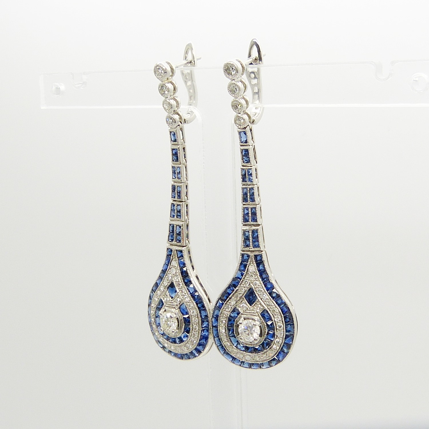 An outstanding pair of vintage-style long drop earrings set with diamonds and sapphires, boxed - Image 2 of 8