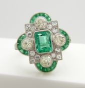 A fine quality, hand-made continental Art Deco-style emerald and old-cut diamond ring in platinum