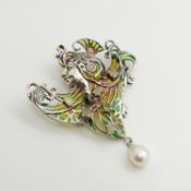 A large silver plique-à-jour exotic dancer brooch/pendant with opals, pearl and rubies