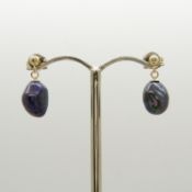 A pair of 9ct yellow gold black freshwater pearl drop stud earrings, boxed