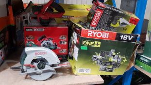 (R7E) 4 Items. 1x Ryobi 18V Mitre Saw (1x Battery. No charger). 1x Ryobi 300W Random Orbital Sander