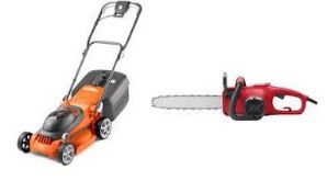 (R9C) 2 Items. 1x Flymo Easistore 340R Electric Lawnmower. 1x Sovereign 1800W Electric Chainsaw.