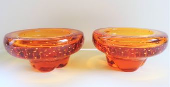 Pair Whitefriars Amber Bubble Glass Bowls/Dishes