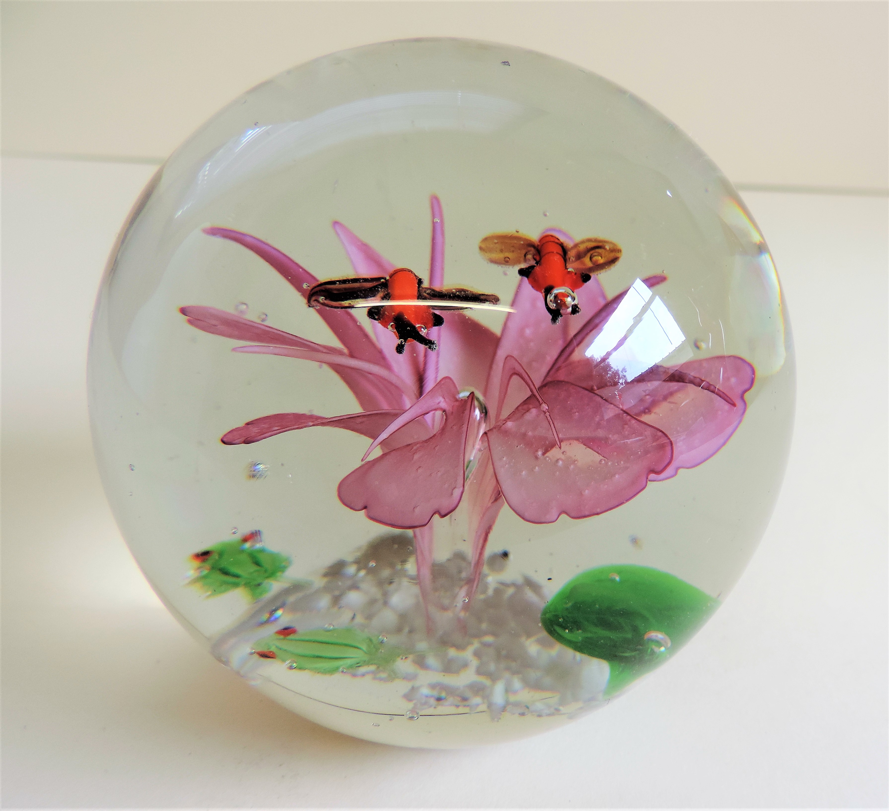 Vintage Art Glass Paperweight Pink Flower and Flying Bees