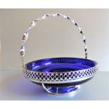 Vintage Silver Plate & Bristol Blue Glass Serving Basket