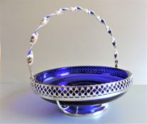 Vintage Silver Plate & Bristol Blue Glass Serving Basket