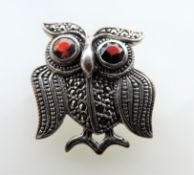 Vintage Silver Marcasite Owl Brooch with Garnet Eyes