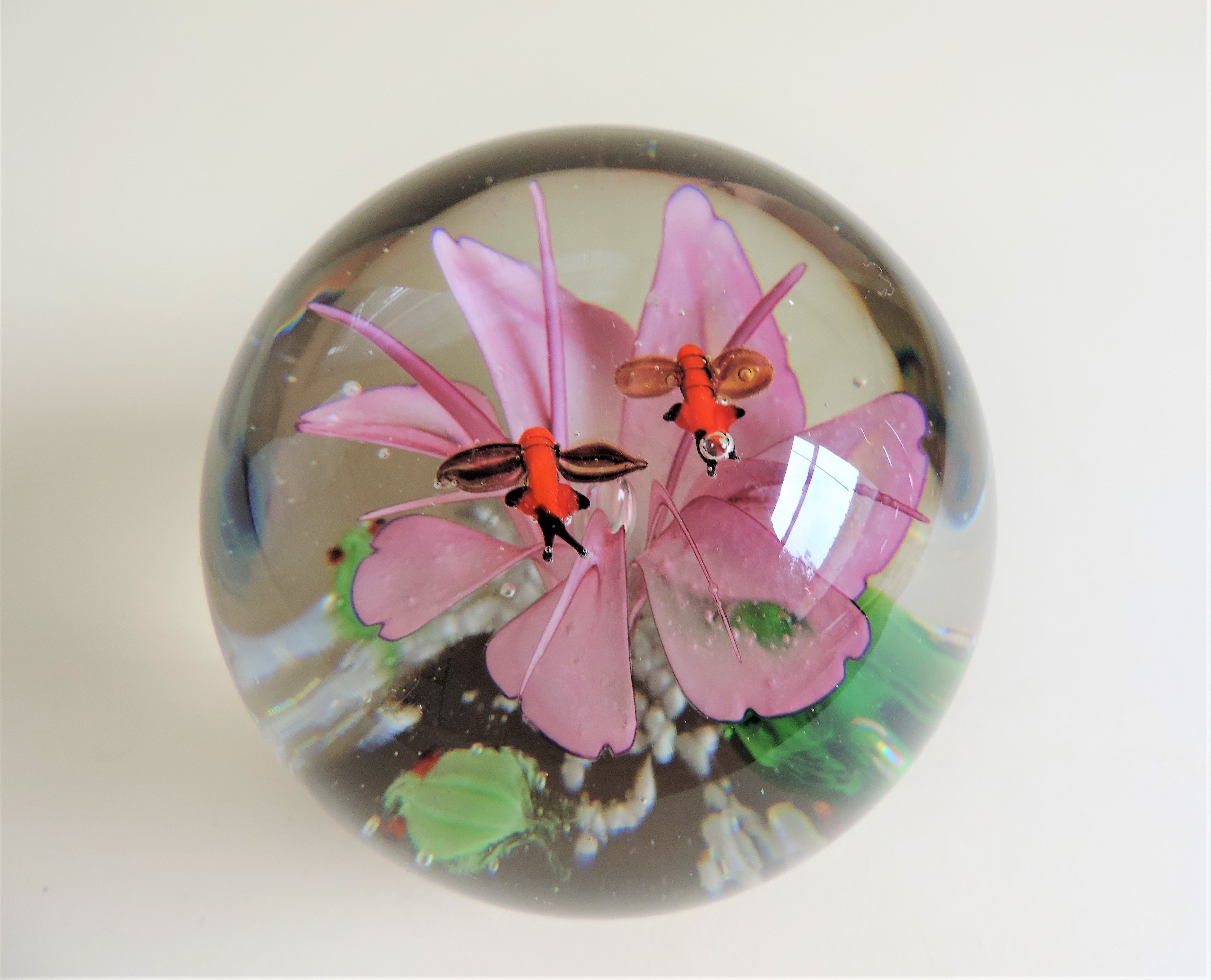 Vintage Art Glass Paperweight Pink Flower and Flying Bees - Image 2 of 4