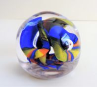 Art Glass Paperweight Red, Blue and Yellow Flowers